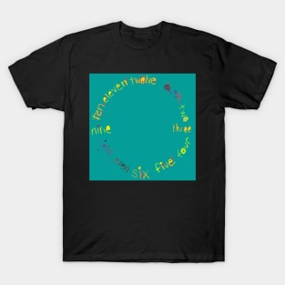 Teal O'Clock with Numbers, watercolor in blue teal lime green yellow T-Shirt